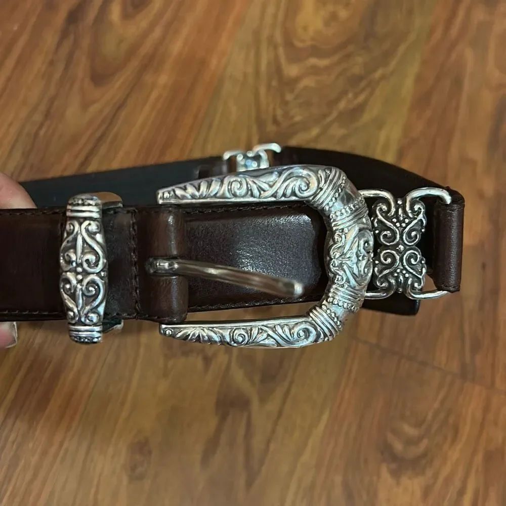 Fossil brown leather belt with silver buckle filigree hardware belt